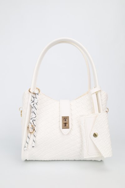 Women's White Charm and Wallet Detailed Three-Compartment Detachable Makeup Bag Hand and Shoulder Bag Lux