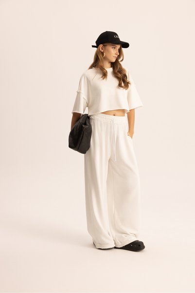 Block Pis Detail White Crop Tracksuit Set