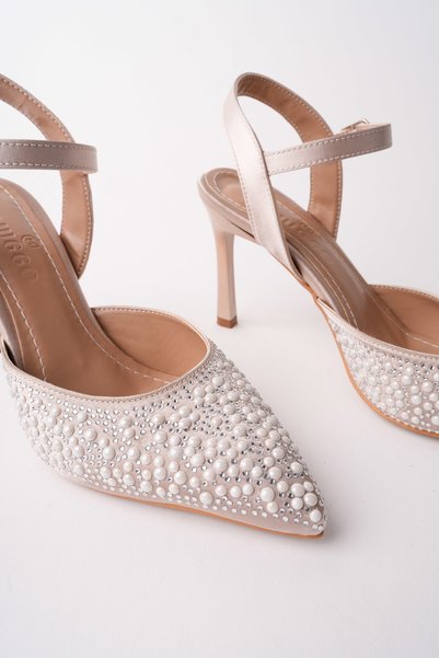 Cluj Pearl Stone Embellished Pointed Toe Ankle Strap Women's Evening Dress Heeled Shoes