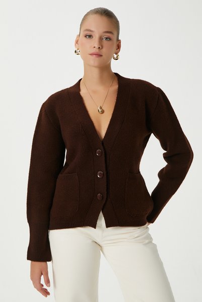 Women's Alexa Tok Textured Brown Pocket Cardigan