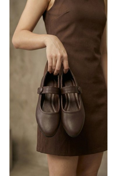 Women's Brown Leather Rubber Buckle Ballerinas 1.5cm Byndi̇mj03