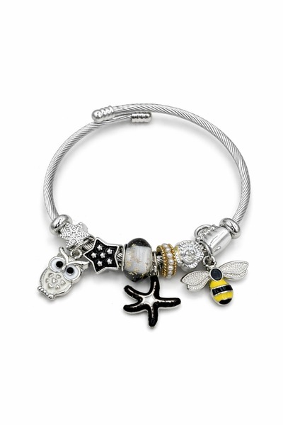 Women's Steel Charm Bracelet with Colorfast Bee Owl Star Detail