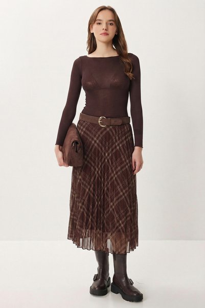 Patterned Pleated Midi Chiffon Skirt Lzv0047 Khaki Brown