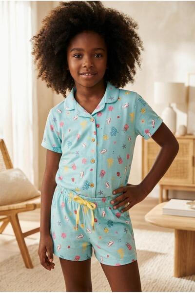 Girl's Sea La Vie Submarine Patterned Buttoned Shorts Pajama Set Blue