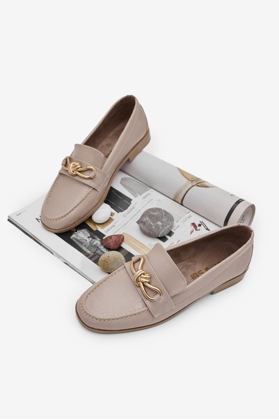 Women's Beige Women's Classic Loafer with Buckle Detail, Ballerinas, Casual Ballerinas
