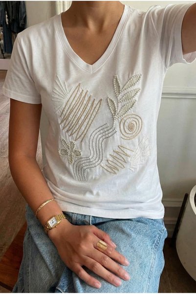 White 100% Cotton V-Neck T-Shirt Embroidered with Sequins, Beads and Embroidery