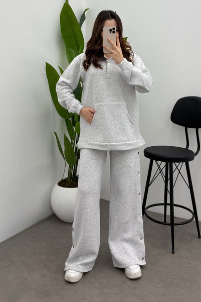 Women's Light Gray Soft Sweatshirt Set with Ruffle Detail and Snap Buttons