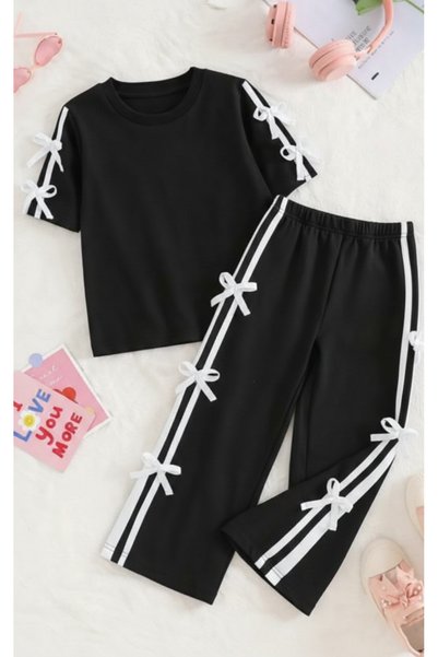 Girls' Bow Striped Detail T-Shirt and Tracksuit 2-Piece Set – Black