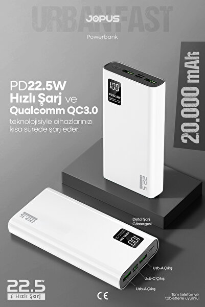 20000mAh PowerBank PD 22.5W брзо полнење - дигитален дисплеј - пренослив полнач - бела JP-P12