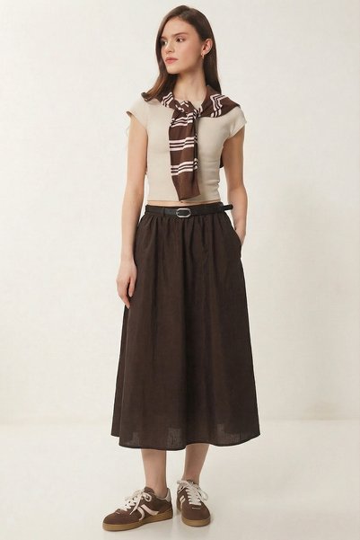 Belted Pocketed Midi Parachute Skirt Lcr0113 Brown