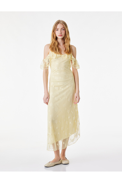 Asymmetrical Cut Ruffle Detail Thin Strap Long Floral Tulle Dress