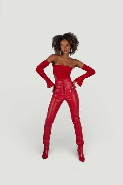 Eyelet Detailed Zippered Hems Vegan Leather Rebel Trousers Red