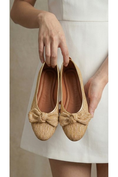 Women's Gold Stone Detailed Bowknot Ballerinas 1cm Byndskl02