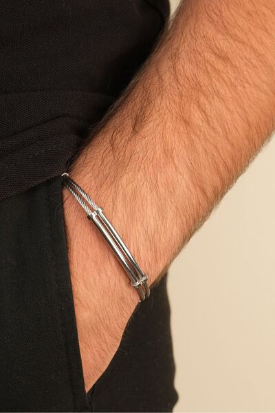 Men's White Color Steel Cable and Cylinder Detailed Modern Bracelet