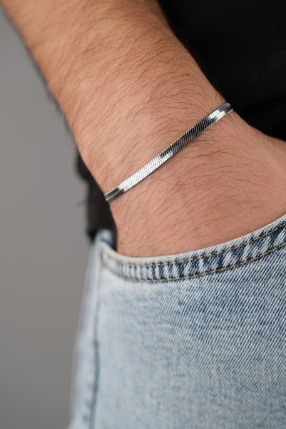 Men's White Color Steel Crushed Chain Bracelet Italian Flat Model