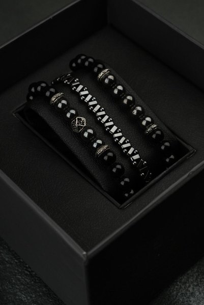 Men's Black Beaded 3-Piece Combination Bracelet Set - Stylish Design