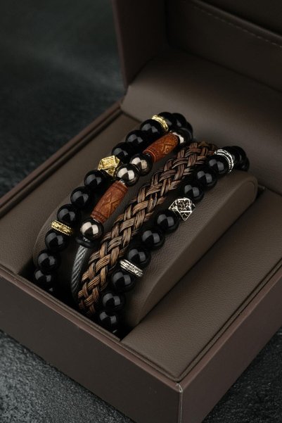 Men's Leather and Natural Stone Combination Bracelet Set 3 Pieces
