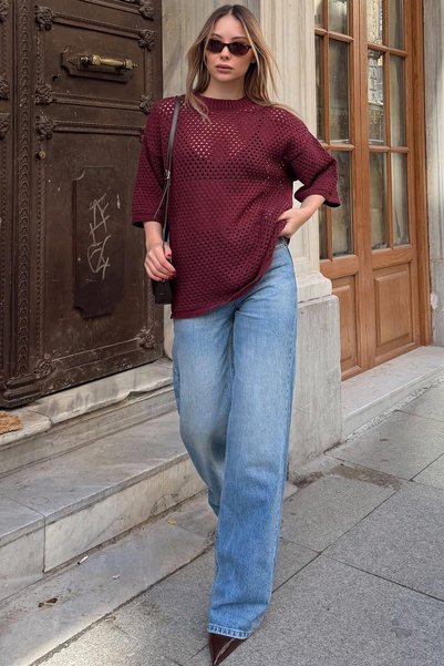 Burgundy Mesh Knitted Crew Neck Relaxed Fit Women's Knitwear Blouse