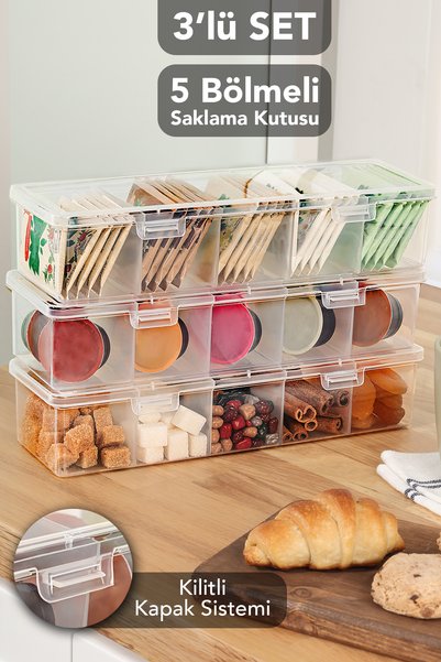 3-Pack 5-Compartment Transparent Storage Box - Kitchen Bathroom Organizer Multi-Purpose Box