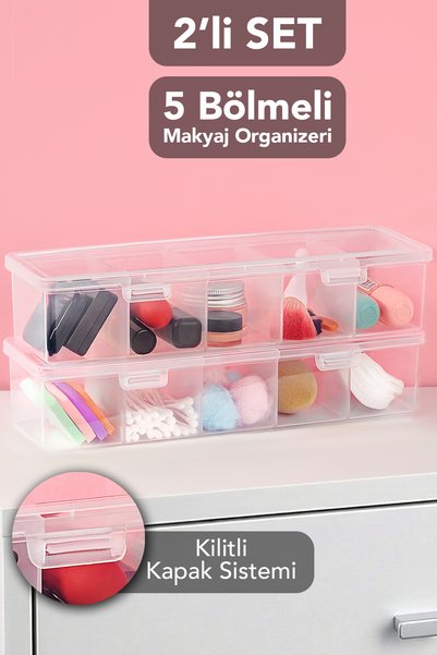 2 Pieces 5-Compartment Jewelry Box with Lid - Transparent Ring Necklace Earring Buckle Organizer Box