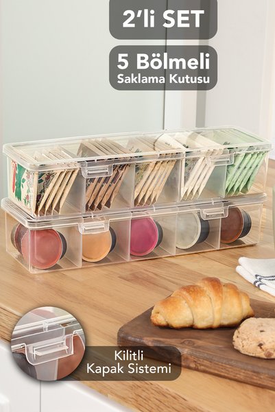 2-Pack 5-Compartment Transparent Storage Box - Kitchen Bathroom Organizer Multi-Purpose Box