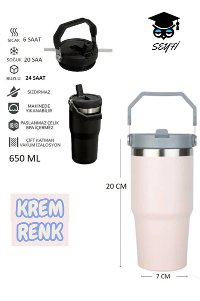 Steel Thermos with Straw and Handle Wide Top 650 ml