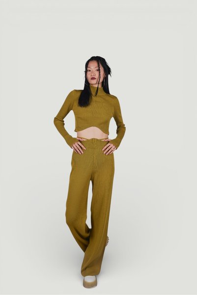Elastic Waist Wide Leg Flexible Feels Knitwear Trousers Green