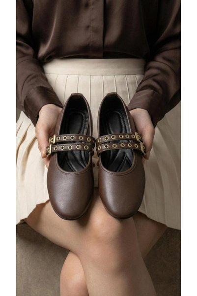 Women's Brown Double-Strapped Leather Ballerinas with Metal Accessory Detail 1cm Byndsk113