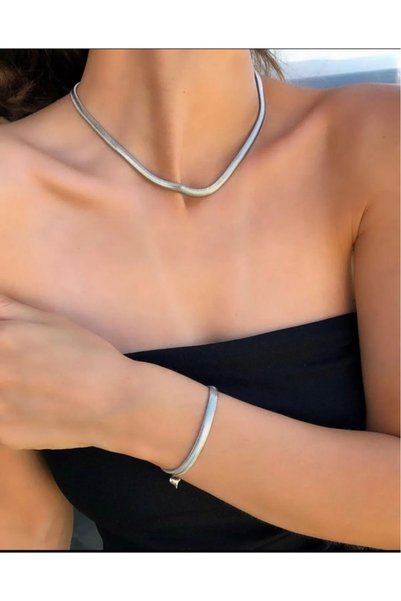Women's White Color Steel Italian Chain Necklace Bracelet Combination Set