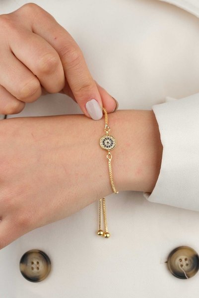 Yellow Plated Women's Bracelet with Evil Eye Beads and Adjustable Lift Chain