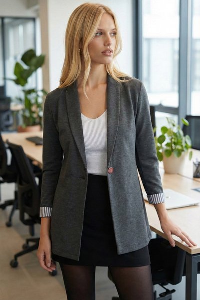 Women's Dark Khaki Single Button Jacket with Striped Inner Sleeves ARM-22K001122