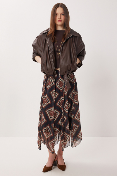 Patterned Pleated Asymmetrical Chiffon Midi Skirt Lmc0082 Black