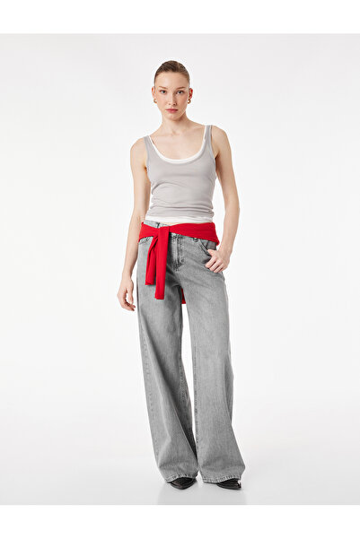 Широки фармерки со копчиња и џебови, измиен тексас - Loose Straight Fit Jean