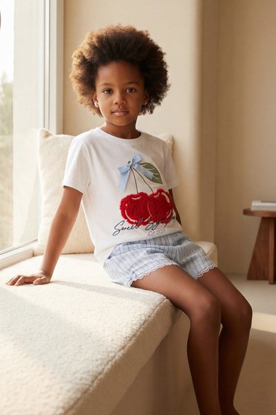 Girl's Mediterranean Cherry Embroidered Shorts Pajama Set