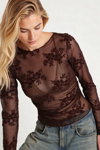 Flock Printed Gathered Transparent Blouse Lzv0052 Brown