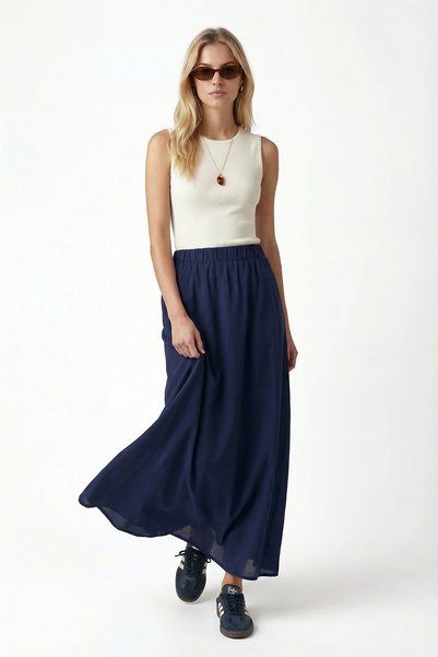 Women's Becca Gloss Pocketed Elastic Waist Indigo Long Woven Skirt