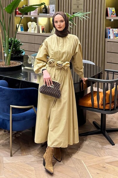Pleated Poplin Dress Beige