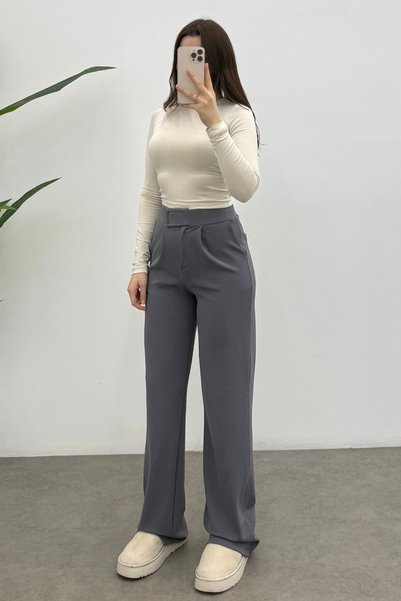 Women's Gray High Waist Velcro Closure Detailed Palazzo Trousers