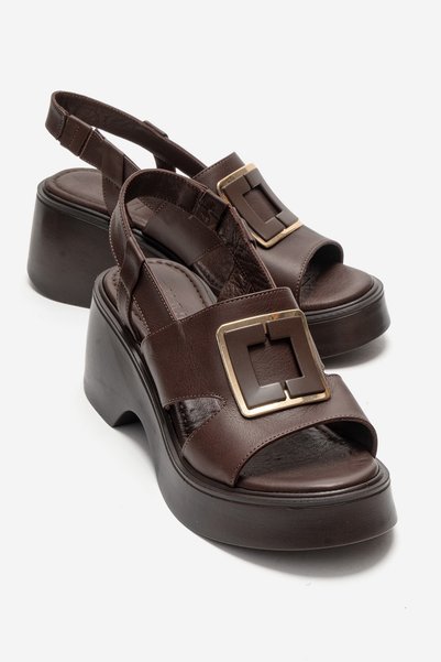 Lucia Brown Buckle Genuine Leather Women's Wedge Heeled Sandals