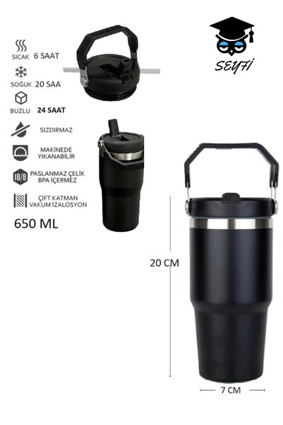 Steel Thermos with Straw and Handle Wide Top 650 ml