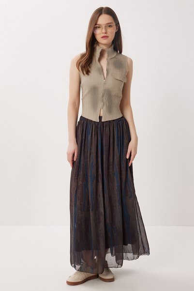 Patterned Wrinkle Effect Chiffon Skirt Lzv0057 Blue Khaki