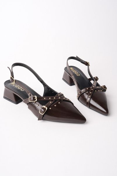 Joly Pointed Toe Open Back Women's Low Heel Shoes with Metal Accessories