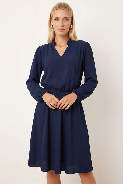 Women's Navy Blue V-Neck Elastic Waist Flared Dress Arm-26K001094