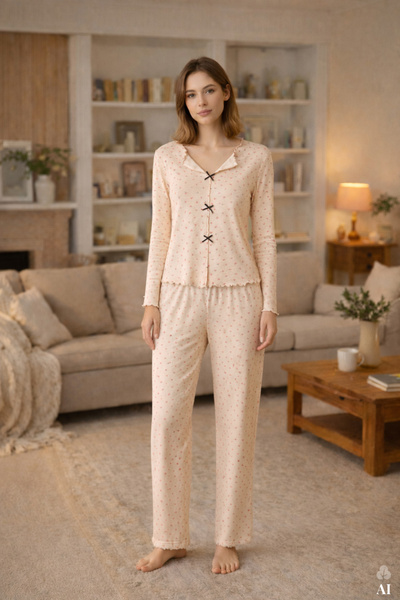 Women's Cotton Pink Floral Patterned Baby Overlock Ribbon Detailed Long Sleeve Pajamas Set