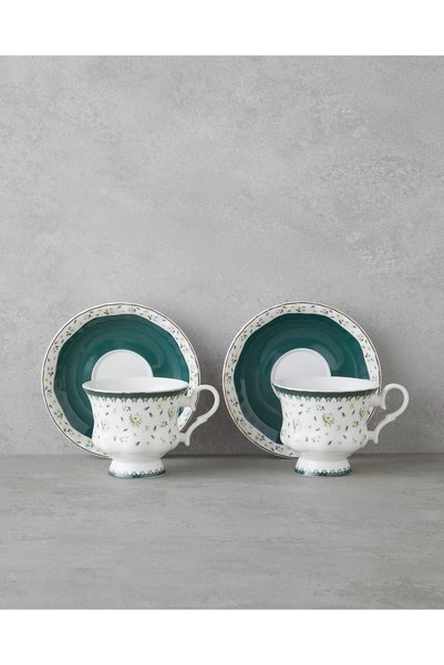 Florana New Bone China 4 Piece 2 Person Tea Cup Set 220 ml Green