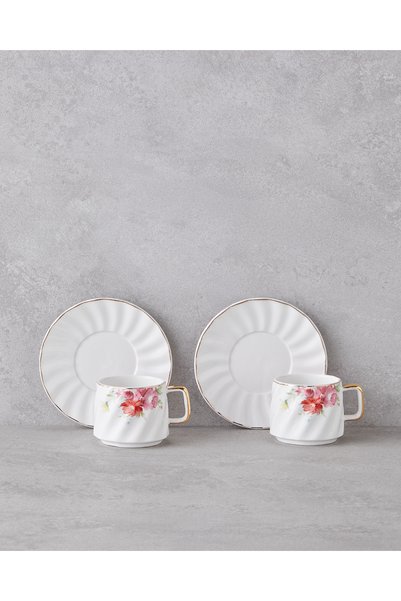 Misty Blossom New Bone China 4 Piece Coffee Cup Set for 2 People 90 ml Colorful