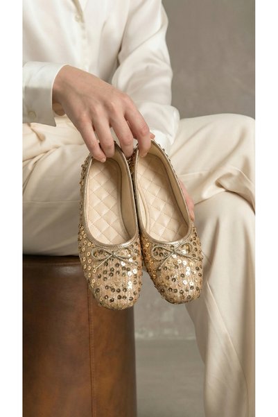 Women's Gold Bow Sequined Ballerinas 1cm Byndpul01