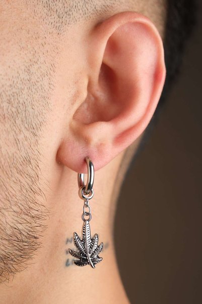 Men's Stainless Steel Dangle Leaf Hoop Earrings