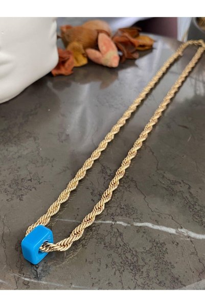 Women's Yellow Plated Twisted Chain Blue Cube Beaded Necklace