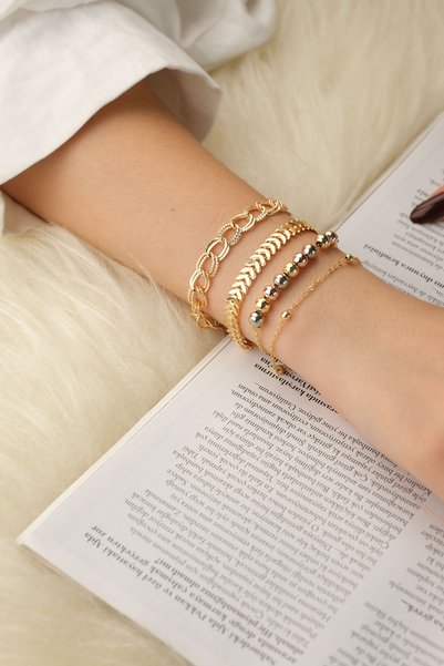 Women's Yellow Color 4-Piece Combination Bracelet Set - Chain and Beaded